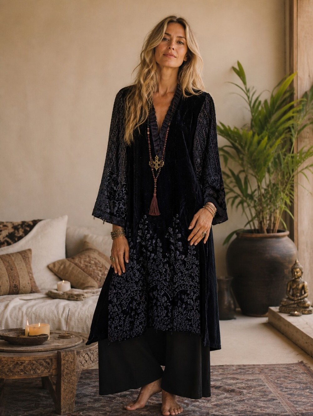 Maria B Velvet Floral Embroidered Tunic Dress Size L Black Boho